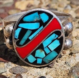 Turquoise Inlay & Red Accent Sterling-Silver Native American Men's Ring Sz 12.5